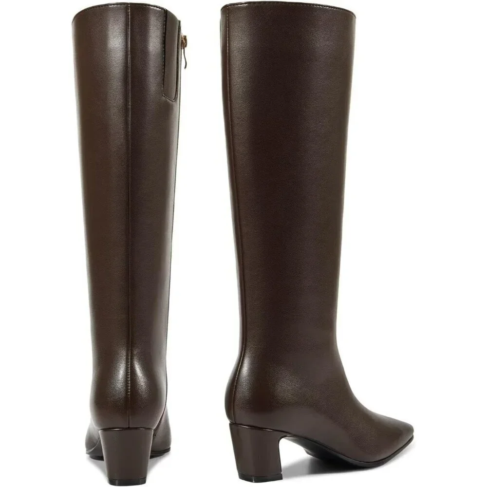 Women Brown Chunky Low Heel Square Toe Elastic Tall Boots Side Zipper PU Leavvvv